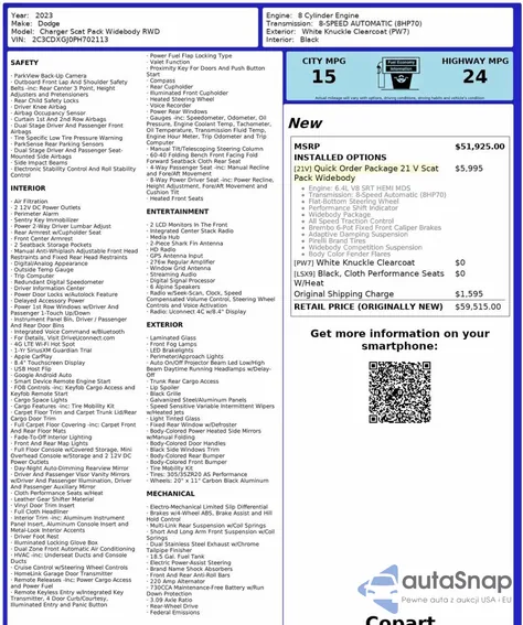 2023 Dodge Charger Scat Pack z USA, uszkodzony, nr VIN 2C3CDXGJ0PH702113